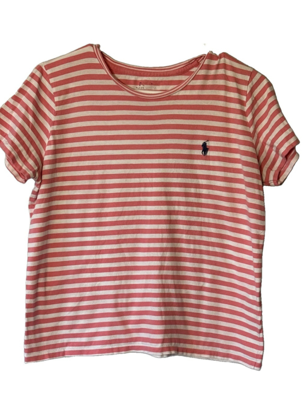 Polo Ralph Lauren T-shirt Women Small Pink White Striped Pony Crew Neck Cotton